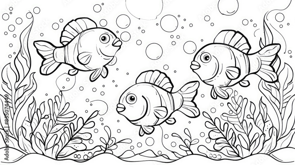 Fototapeta premium coloring book for kids. Coloring book fish. Children's coloring book black and white, fish swim and seaweed. Generative Ai