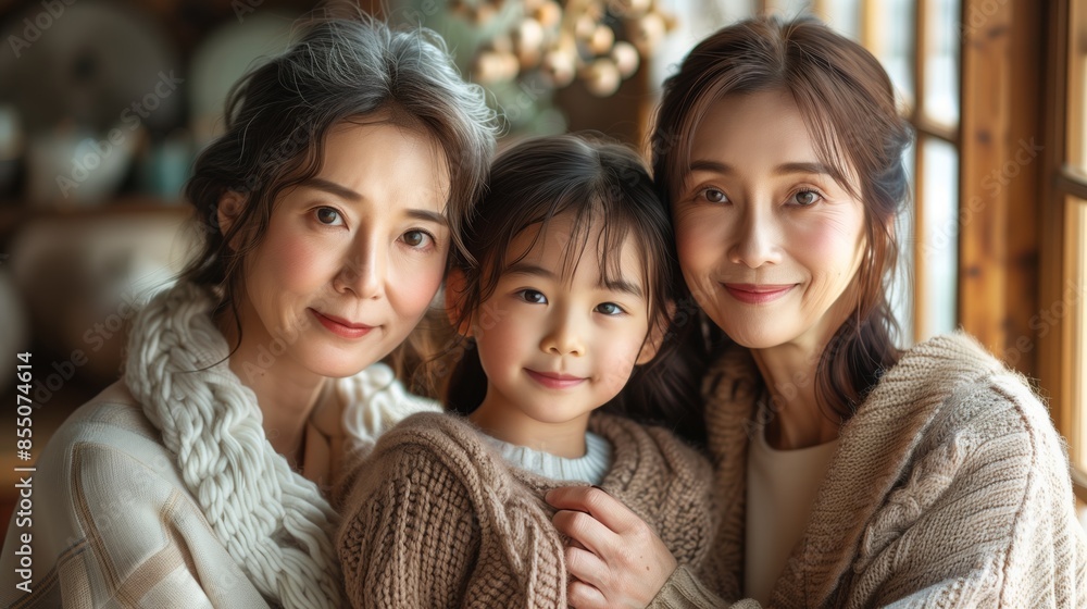 A portrait of three generations of women smiling together, a young girl, her mother, and her grandmother, all wearing sweaters. A portrait of three generations of women smiling together, a young girl, her mother, and her grandmother, all wearing sweaters.