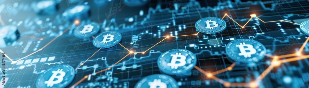 Abstract image of blue Bitcoin symbols, connected by lines, suggesting a network of cryptocurrency transactions. Abstract image of blue Bitcoin symbols, connected by lines, suggesting a network of cryptocurrency transactions.
