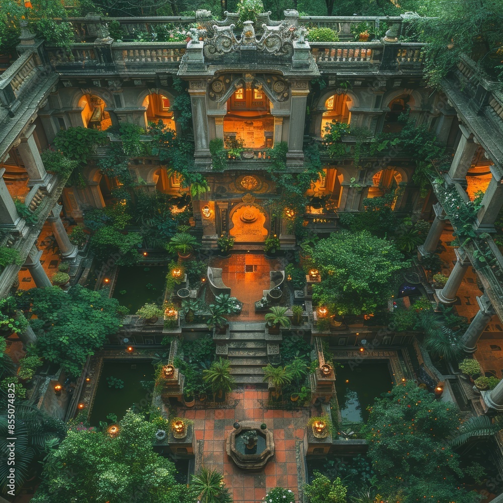 Obraz premium an ancient city depicted in this architectural illustration, where vibrant textures and old-town styling converge to create a mesmerizing forest from drone view.