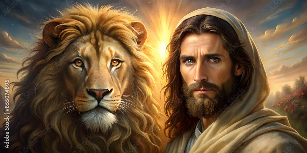The Lion And The Lamb, A Depiction Of Jesus Christ With A Lion, Symbolizing His Strength And Kingship. The Lion And The Lamb, A Depiction Of Jesus Christ With A Lion, Symbolizing His Strength And Kingship.