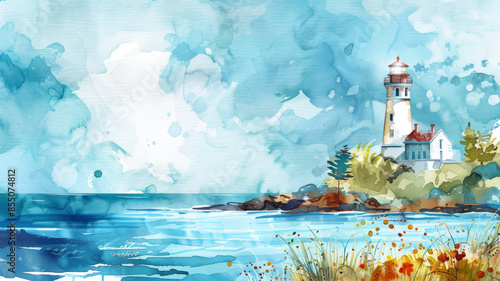 Watercolor illustration of the lighthouse standing serenely by the sea. A perfect blend of nature and architecture. photo