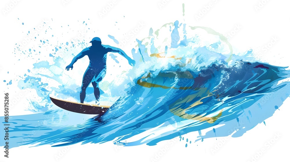 Dynamic Surfer Riding Powerful Blue Ocean Wave with Splashing Spray and Turbulent Motion Dynamic Surfer Riding Powerful Blue Ocean Wave with Splashing Spray and Turbulent Motion