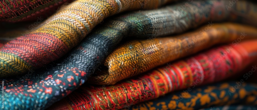 Close up of colorful woven fabric stacked on top of each other. Close up of colorful woven fabric stacked on top of each other.