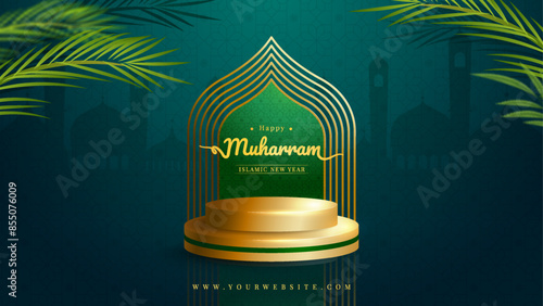 Realistic podium background muharram islamic new year, suitable for greeting card, banner, est