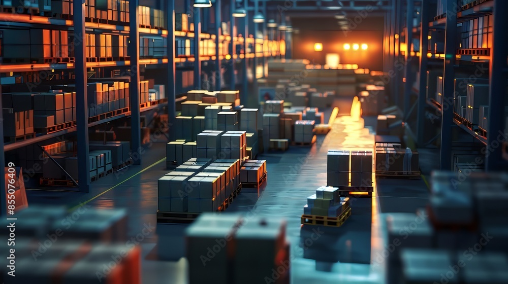 Obraz premium Warehouse Storage with Boxes at Dawn