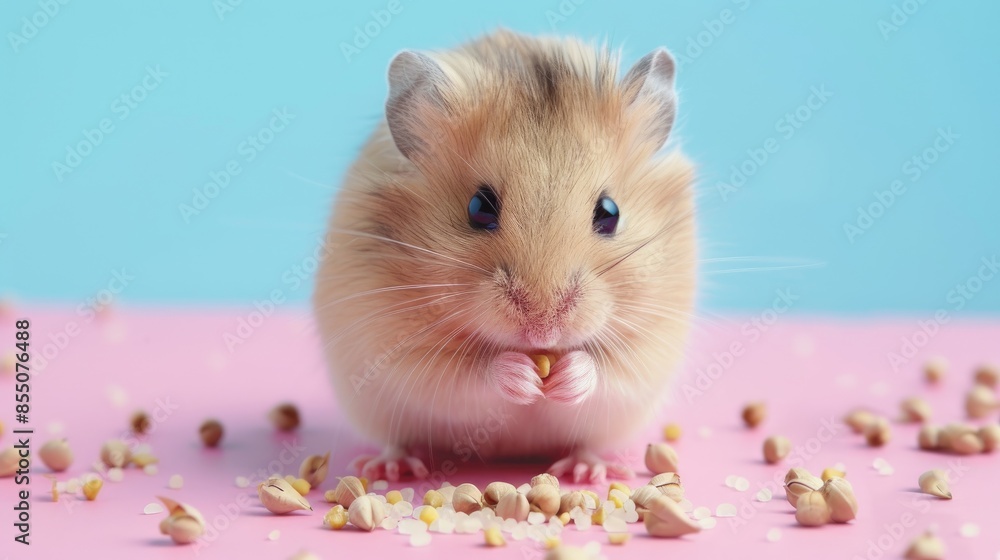 Dwarf fluffy hamster eating grains on pink and blue backdrop Dwarf fluffy hamster eating grains on pink and blue backdrop