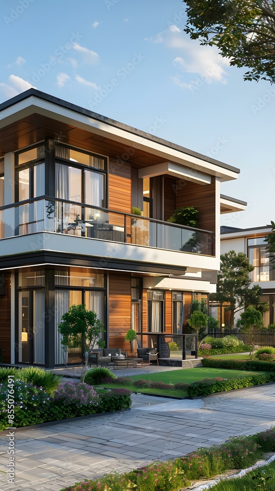 Obraz premium The exterior of a two-story house with a modern design