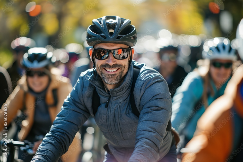 Smiling man in a helmet leads a group bike ride through a park, embodying the essence of active, communal outdoor recreation Smiling man in a helmet leads a group bike ride through a park, embodying the essence of active, communal outdoor recreation