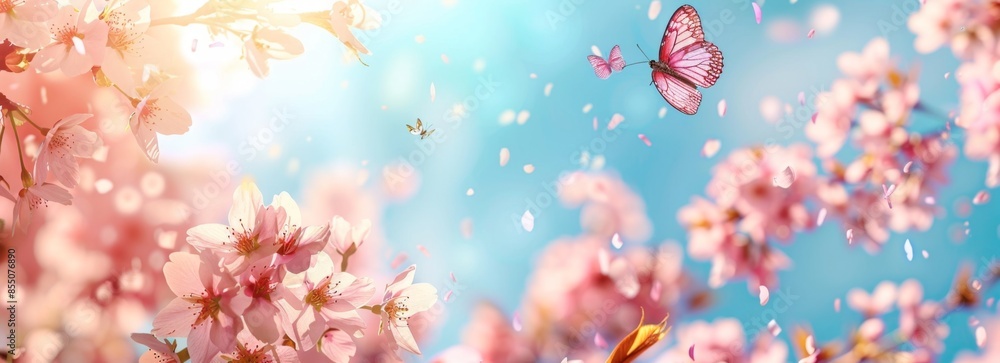 Beautiful spring cherry blossoms background, butterflies flying around, scenic view Beautiful spring cherry blossoms background, butterflies flying around, scenic view