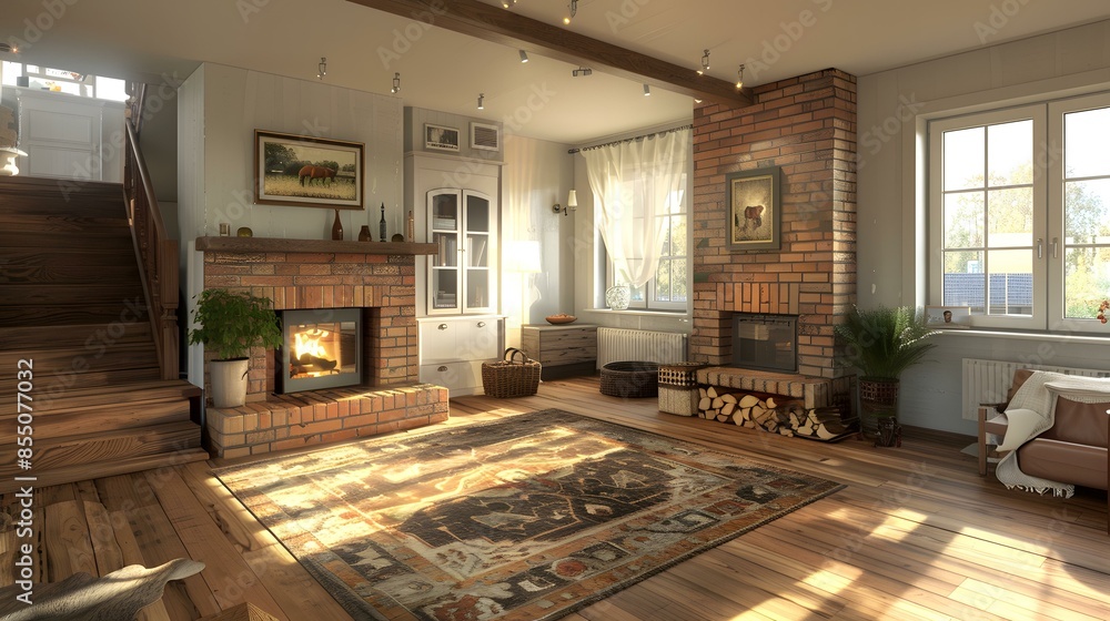 Fototapeta premium Cozy Living Room with Brick Fireplace and Wooden Beams