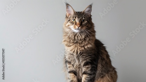 Studio portrait of an American Bobtail cat sitting gracefully