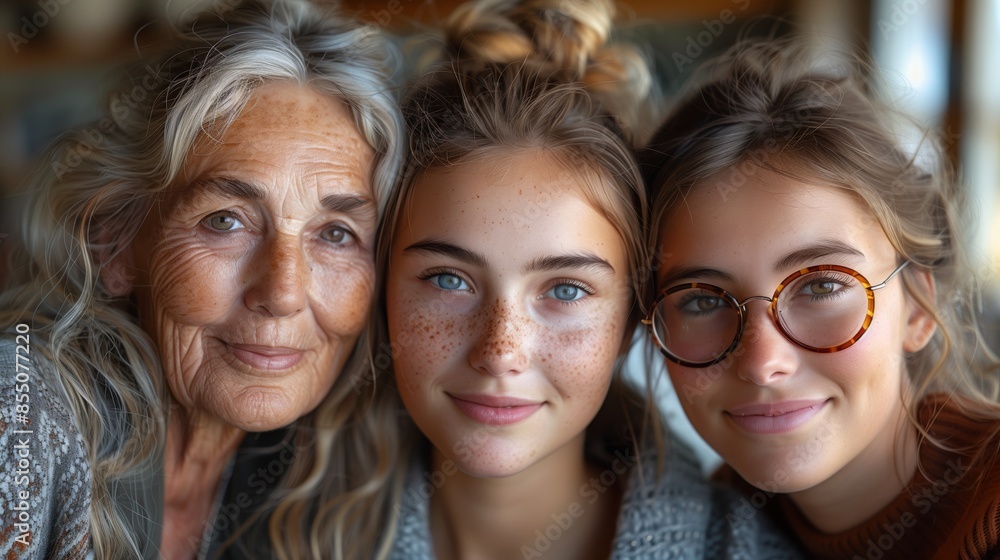 A close-up photo of three women, a grandmother, her daughter, and granddaughter, all smiling at the camera. A close-up photo of three women, a grandmother, her daughter, and granddaughter, all smiling at the camera.