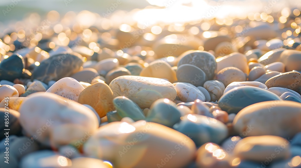 Obraz premium Close up colorful pebbles on the seaside with morning sunlight