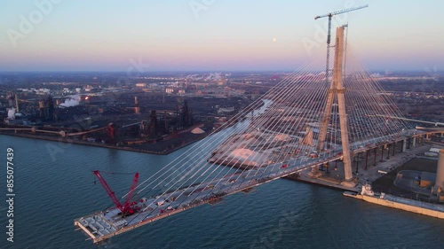 Construction of Gordie Howe International Bridge Over Detroit River on Sunset photo