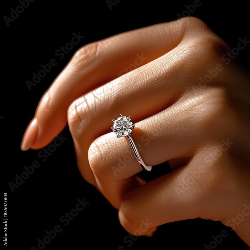 Elegant Close-Up of a Hand with a Diamond Engagement Ring on a Black Background, Showcasing the Beauty and Sparkle of the Gemstone in a Minimalistic and Sophisticated Setting © Preeyada