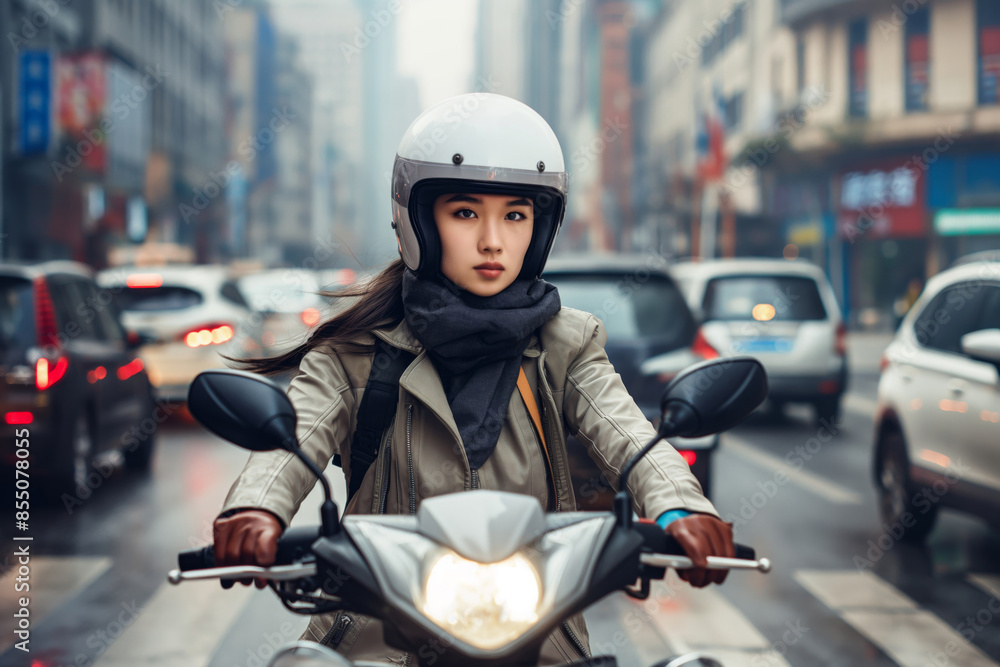 Focused woman navigates her motorcycle through busy city streets, exuding confidence and style in an urban environment Focused woman navigates her motorcycle through busy city streets, exuding confidence and style in an urban environment