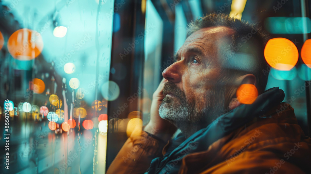 A man lost in thought, looking at the city passing by from a bus window, blurred background, with copy space A man lost in thought, looking at the city passing by from a bus window, blurred background, with copy space