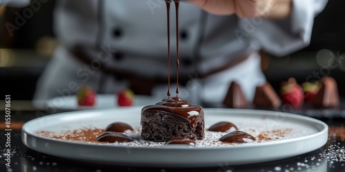 Gourmet Dessert Preparation with Chocolate Sauce Drizzle in Elegant Culinary Setting photo