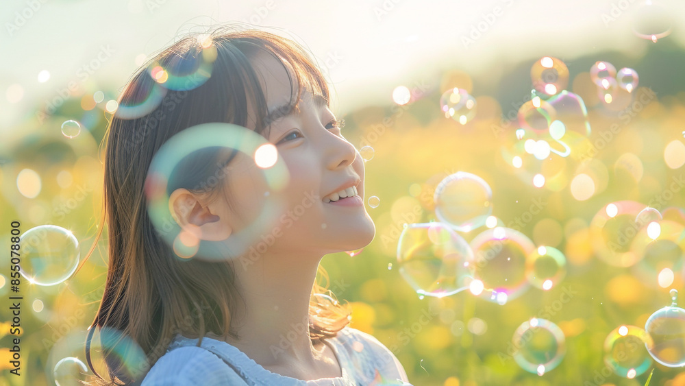 Young asian girl joyfully playing with soap bubbles in garden, scene in warm sunlight, casting a dreamy Young asian girl joyfully playing with soap bubbles in garden, scene in warm sunlight, casting a dreamy