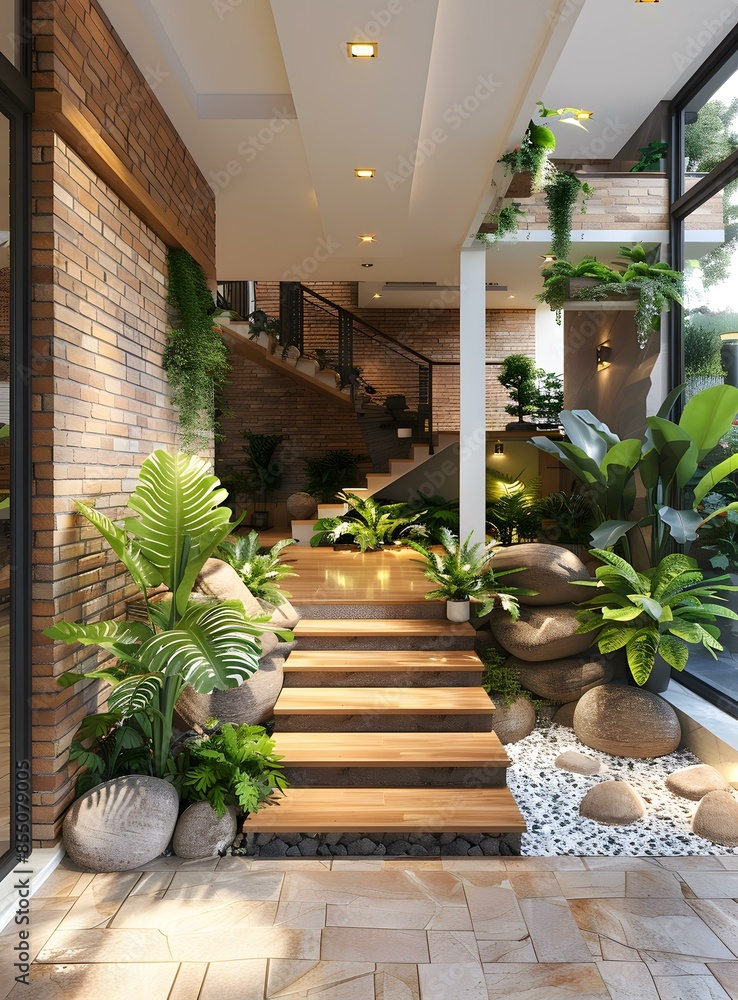 Staircase in a modern house with brick walls and lots of plants Staircase in a modern house with brick walls and lots of plants