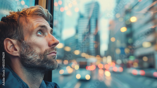 A man lost in thought, looking at the city passing by from a bus window, blurred background, with copy space  © Jasmina