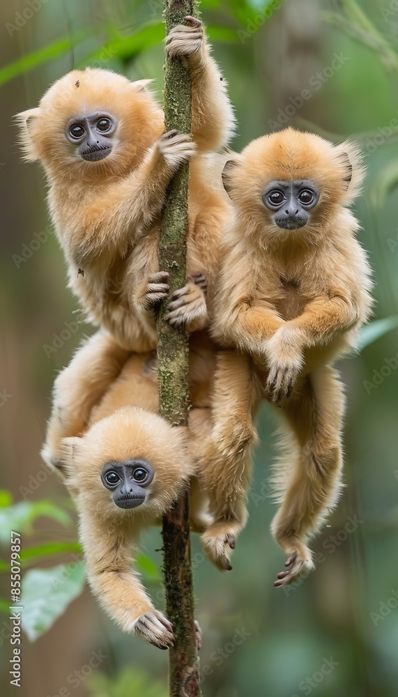 Playful monkeys grooming and swinging in the vibrant forest canopy, engaging in playful activities Playful monkeys grooming and swinging in the vibrant forest canopy, engaging in playful activities