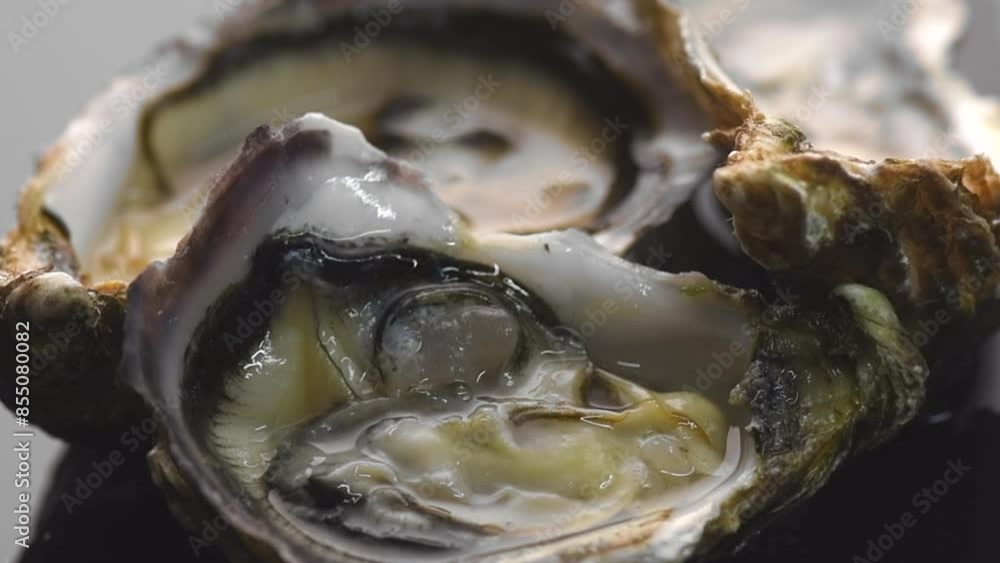 Fresh Oysters close up, open french oysters on ice. Healthy sea food. Oyster dinner in restaurant. Gourmet food, delicatessen. Macro shot, Grey background. Slow motion Fresh Oysters close up, open french oysters on ice. Healthy sea food. Oyster dinner in restaurant. Gourmet food, delicatessen. Macro shot, Grey background. Slow motion