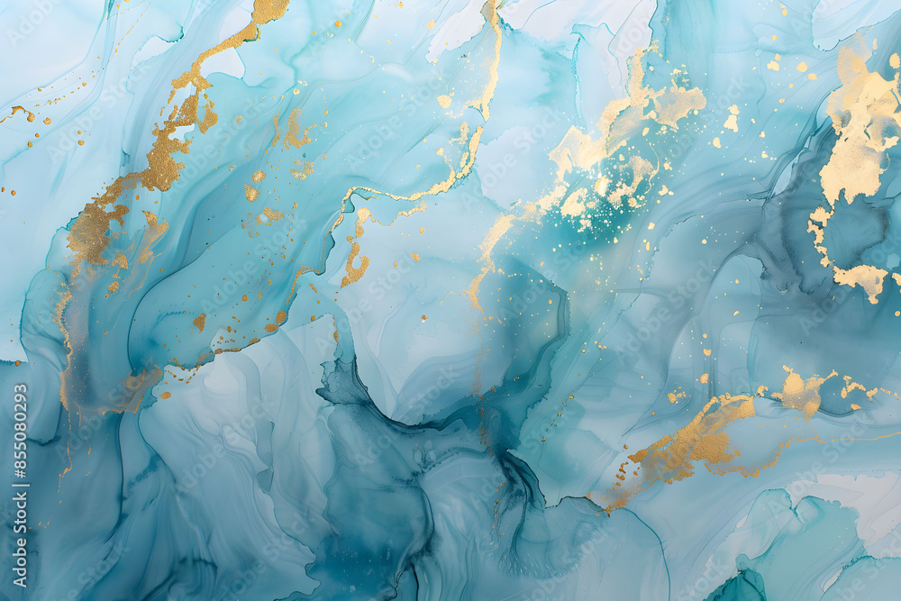 Naklejka premium Abstract gold and blue alcohol ink watercolor background. Fluid art.