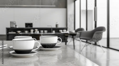 Three Coffee Cups on a Table in a Modern Kitchen.