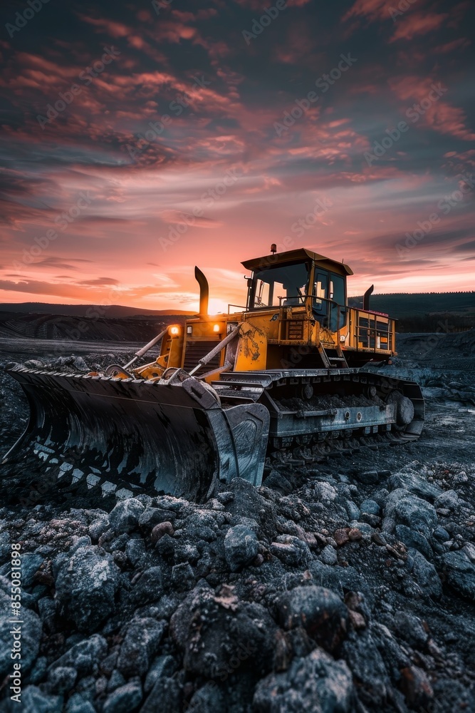 Powerful Bulldozer Operating in Coal Mine During Sunset. Powerful Bulldozer Operating in Coal Mine During Sunset.