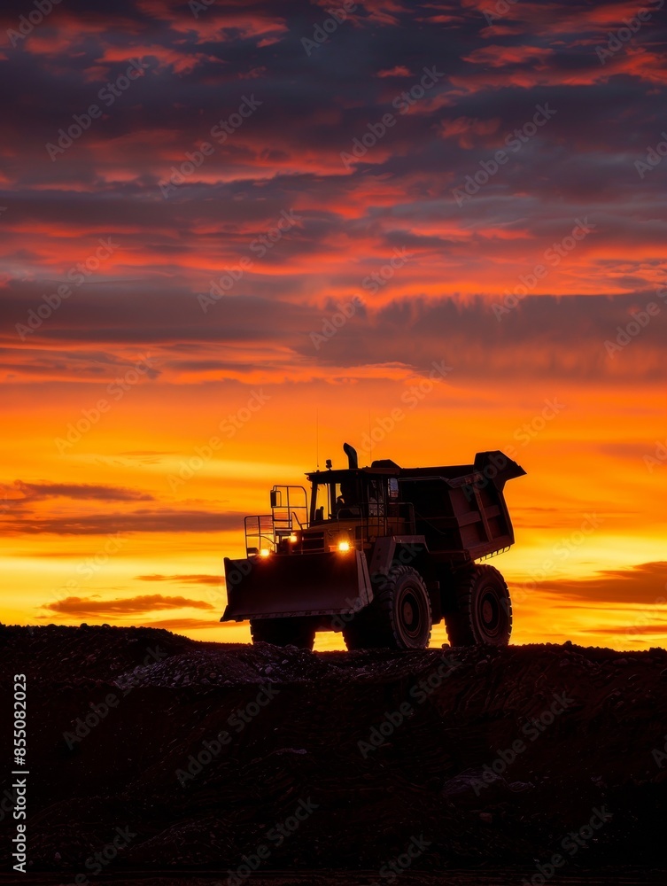 Dramatic Sunset Silhouette of Bulldozer in Coal Mine Industrial Setting. Dramatic Sunset Silhouette of Bulldozer in Coal Mine Industrial Setting.