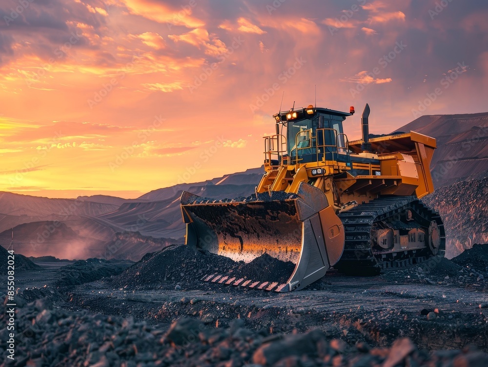 Golden Hour Operations, Bulldozer Working with Coal during Sunset. Golden Hour Operations, Bulldozer Working with Coal during Sunset.