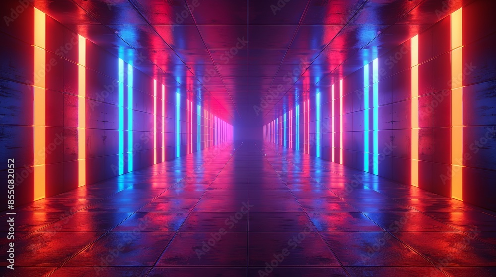 A long, narrow room with neon lights on the walls A long, narrow room with neon lights on the walls
