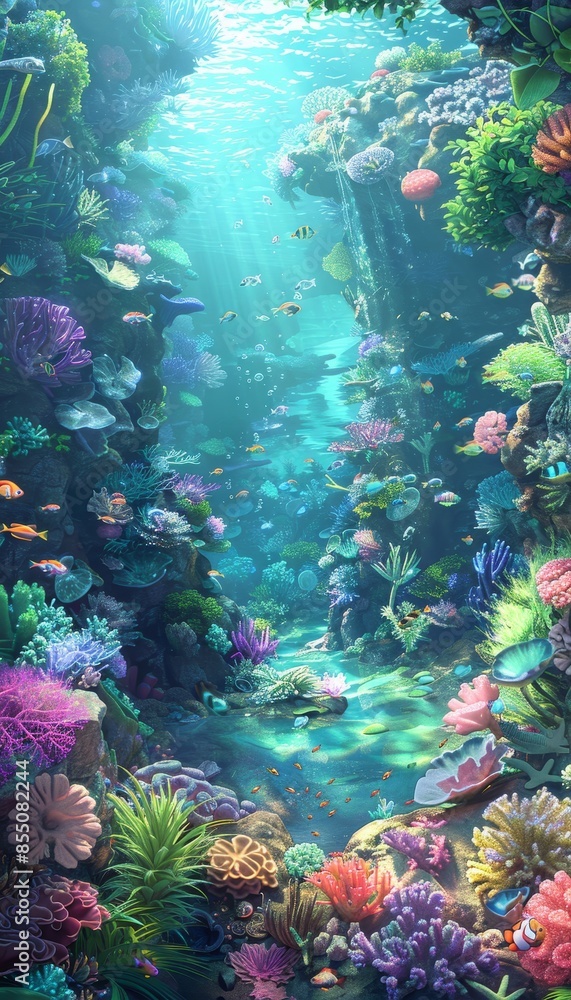 Fototapeta premium Secret waterfall flowing into untouched jungle pool with vibrant fish and aquatic wildlife