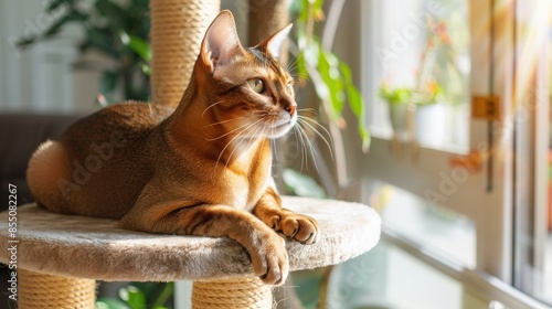 Vibrant Abyssinian Cat Sleek and Alert on Blue Background
