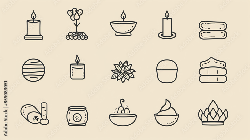 A set of 16 line icons representing spa and wellness items such as candles, towels, flowers, and bowls on a beige background. A set of 16 line icons representing spa and wellness items such as candles, towels, flowers, and bowls on a beige background.