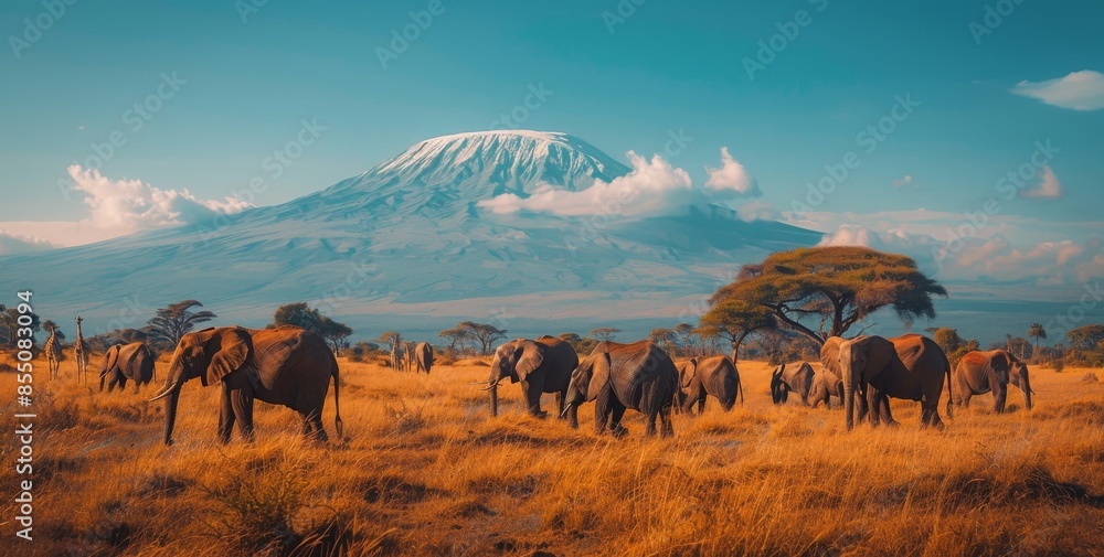 African Elephant Herd Grazing Near Mount Kilimanjaro African Elephant Herd Grazing Near Mount Kilimanjaro