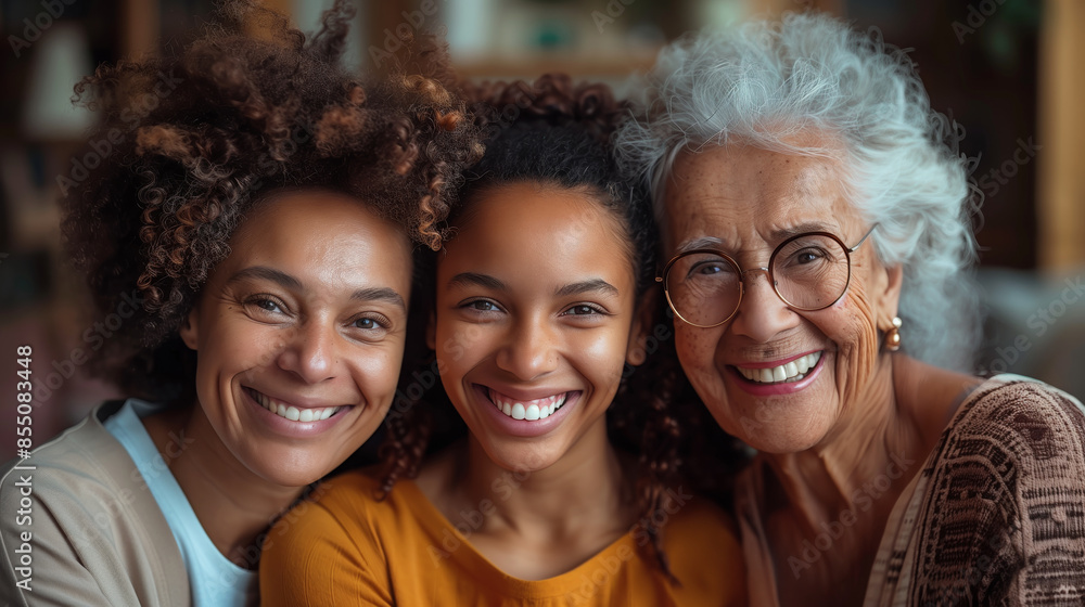 Fototapeta premium A close-up photo of three generations of women smiling together.