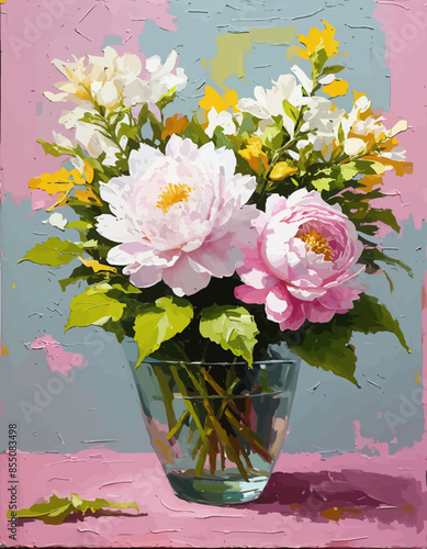 Vibrant Bouquet in a Clear Vase: A Colorful Floral Arrangement with White, Pink, and Yellow Flowers on a Pink Background