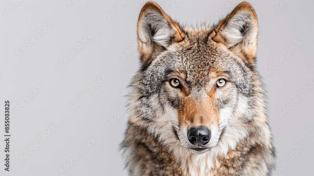 A wolf with piercing eyes stares directly at the camera. The wolf's fur is brown and gray. The background is a plain gray. A wolf with piercing eyes stares directly at the camera. The wolf's fur is brown and gray. The background is a plain gray.
