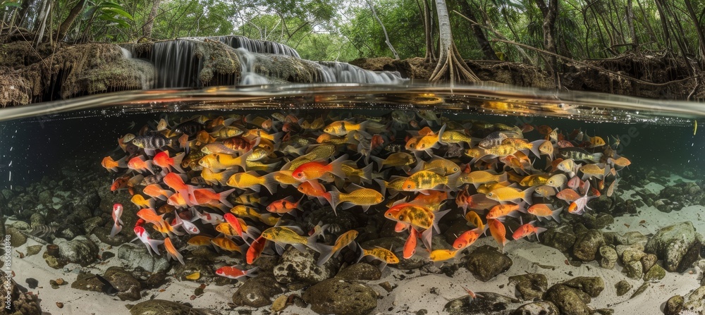 Hidden waterfall streaming into lush pool with colorful fish in untouched tropical jungle Hidden waterfall streaming into lush pool with colorful fish in untouched tropical jungle