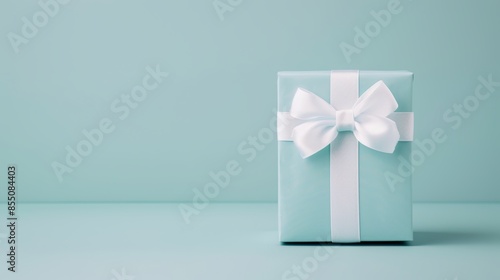 Elegant baby blue gift box with a pristine white bow, set on a light blue backdrop, ideal for showcasing gift ideas and special occasions, clean and stylish design