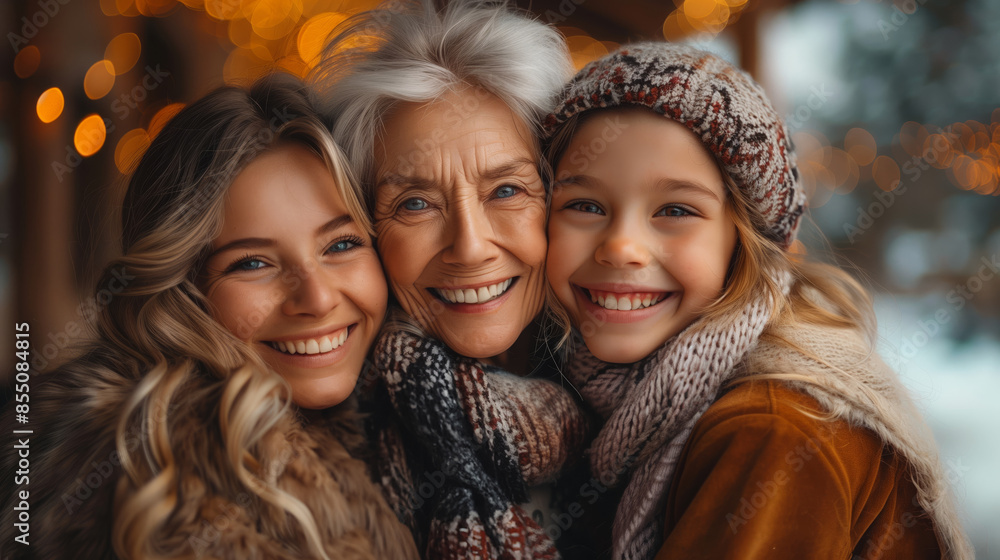 A grandmother, mother, and daughter are all smiling in a close-up portrait. A grandmother, mother, and daughter are all smiling in a close-up portrait.