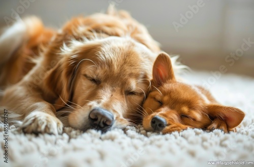 Golden Retriever and Kitten Sleeping Together on a Fluffy Rug