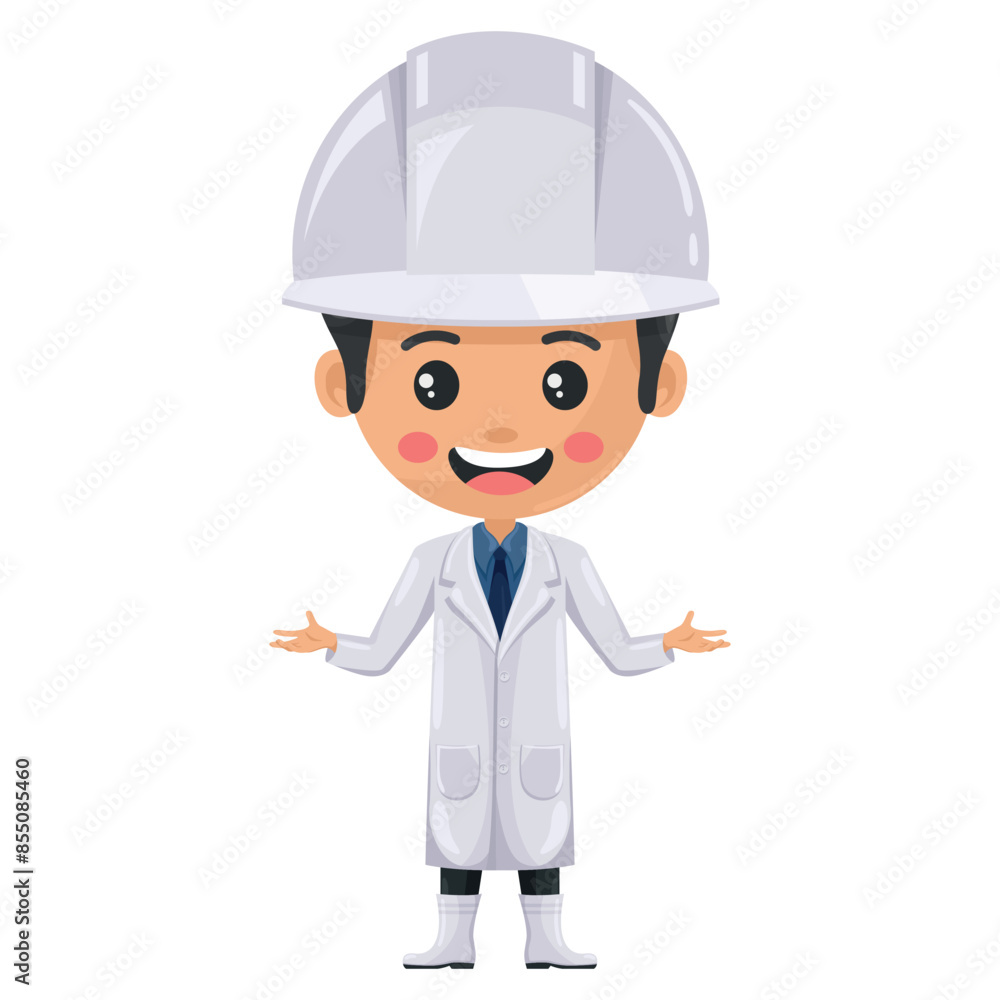 Quality control supervisor in food production line with open hands. Food industry engineer. Chief food safety engineer. Science, technology and safety in food production and processing Quality control supervisor in food production line with open hands. Food industry engineer. Chief food safety engineer. Science, technology and safety in food production and processing