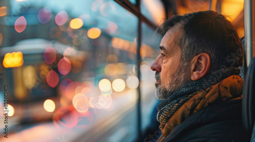 A man lost in thought, looking at the city passing by from a bus window, blurred background, with copy space 