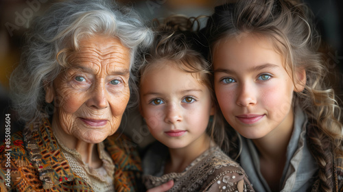 A close-up portrait of three women, a grandmother, a mother, and a daughter, looking directly at the camera.