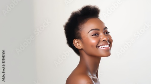 Beautiful, sexy, happy smiling dark-skinned African American woman with perfect skin and short haircut, on a white background, banner.