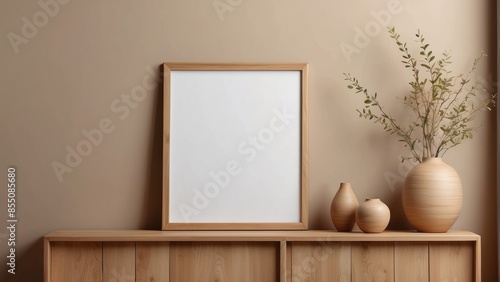 Interior home of living room with blank frame poster mock up and wooden sideboard on pastel brown wall copy space